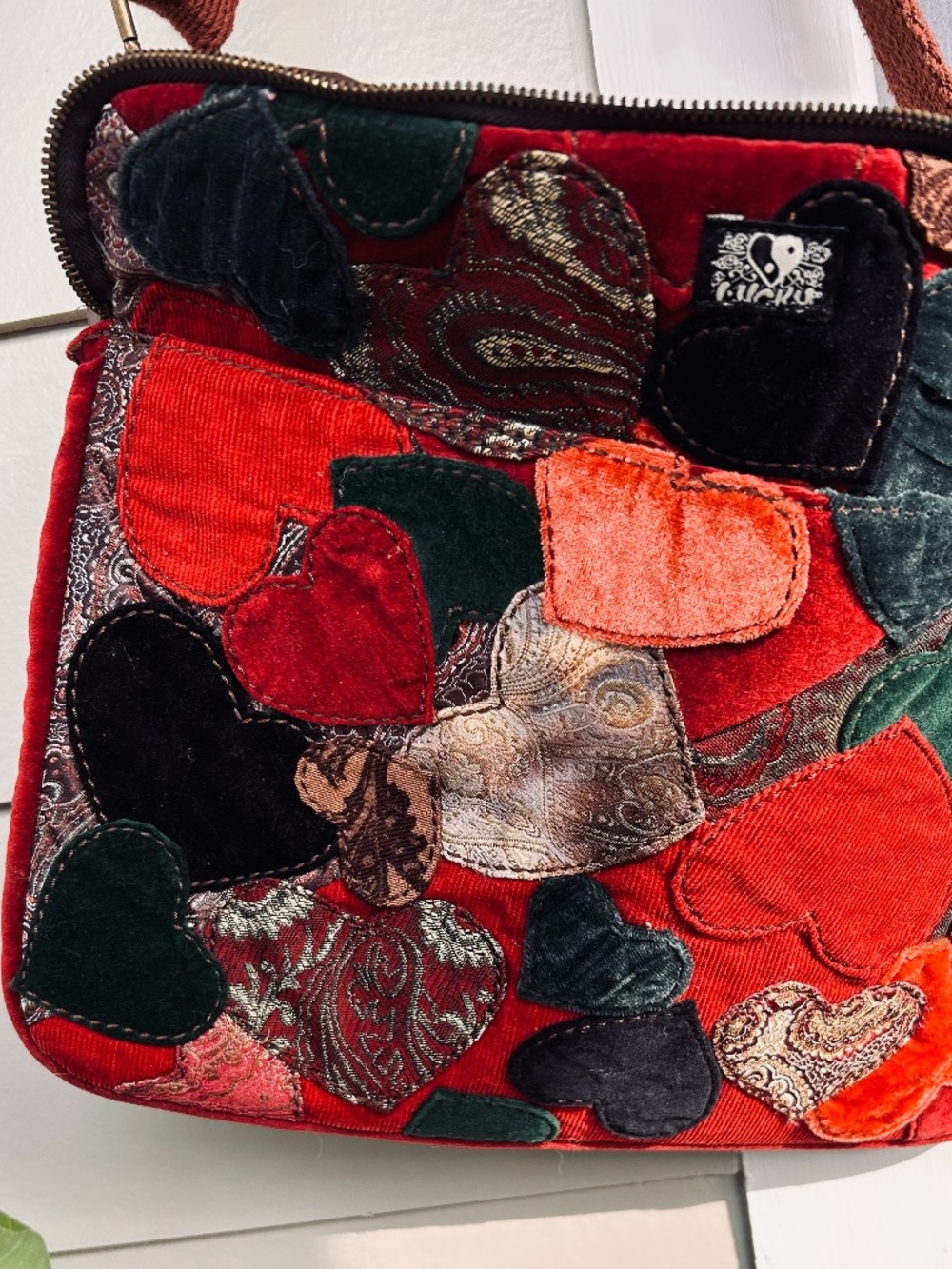 Lucky Brand Velvet Patchwork Heart Crossbody Bag Boho Festival